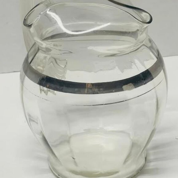 Clear Glass Ball Pitcher Silver Band Dorothy Thorpe -Vintage MCM Applied Handle - Picture 1 of 5